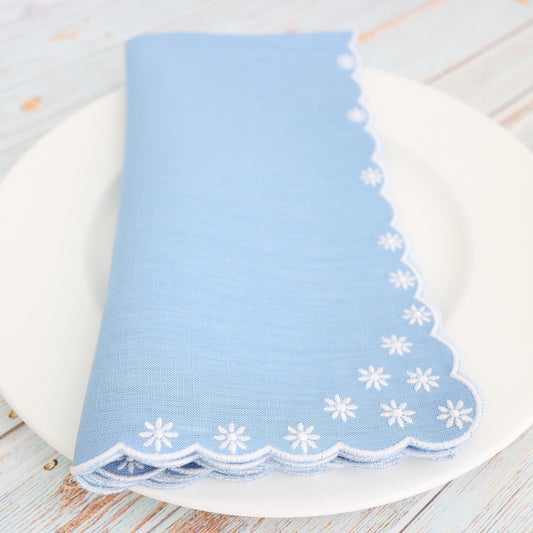 Bluebell Blue White Daisies Scalloped Linen Napkins (each)