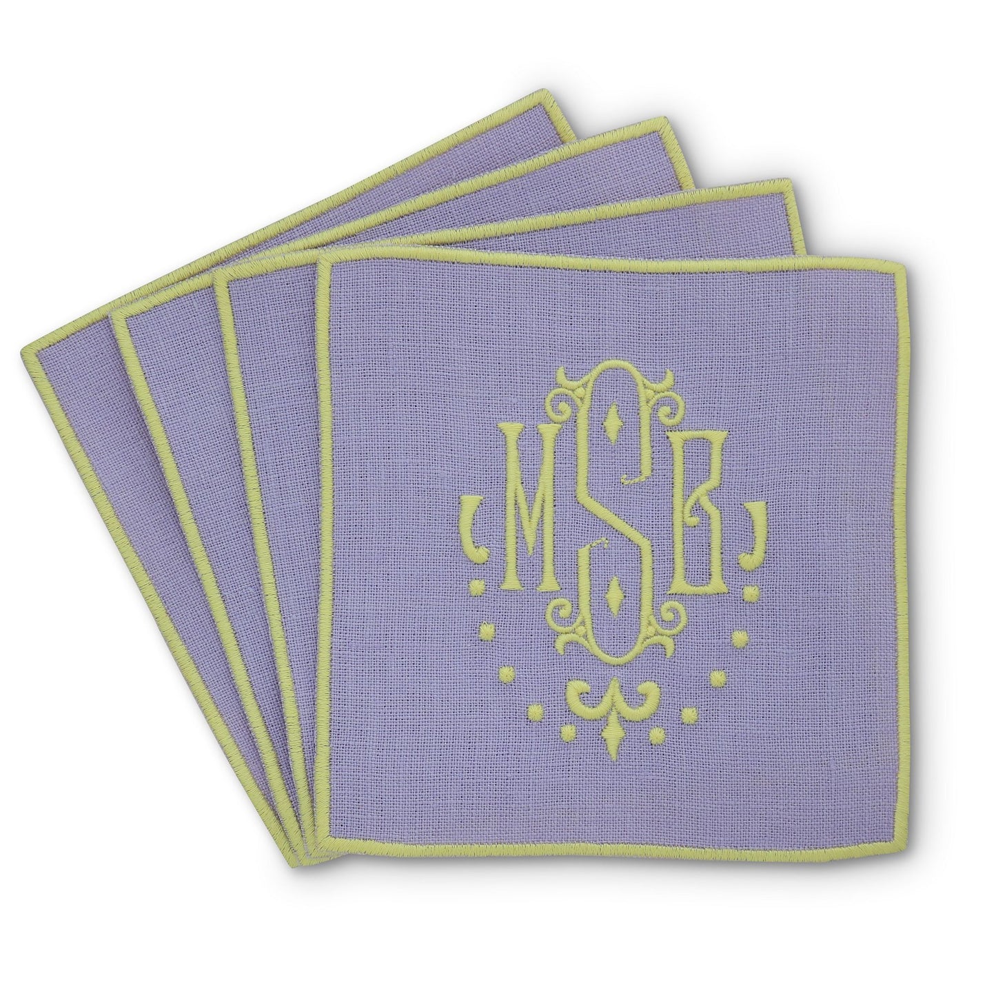 lavender Turin cocktail napkins with monogram Isabelle and initials MSB