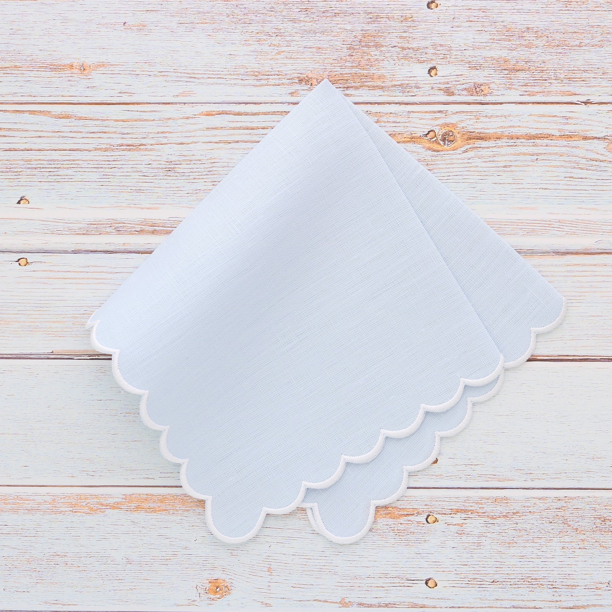 Baby Blue linen handkerchief with White scallops