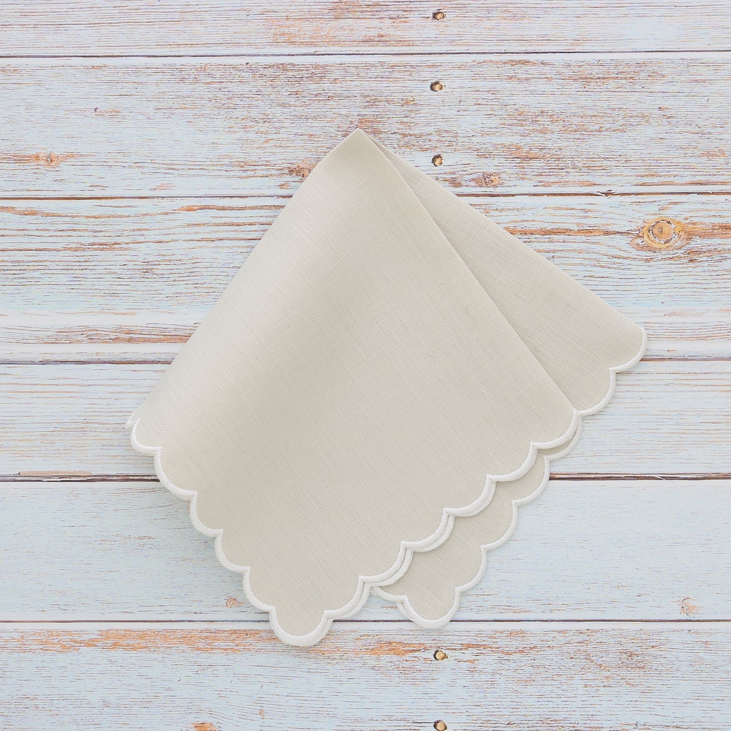 Stone Beige Scalloped Linen Handkerchief (each)