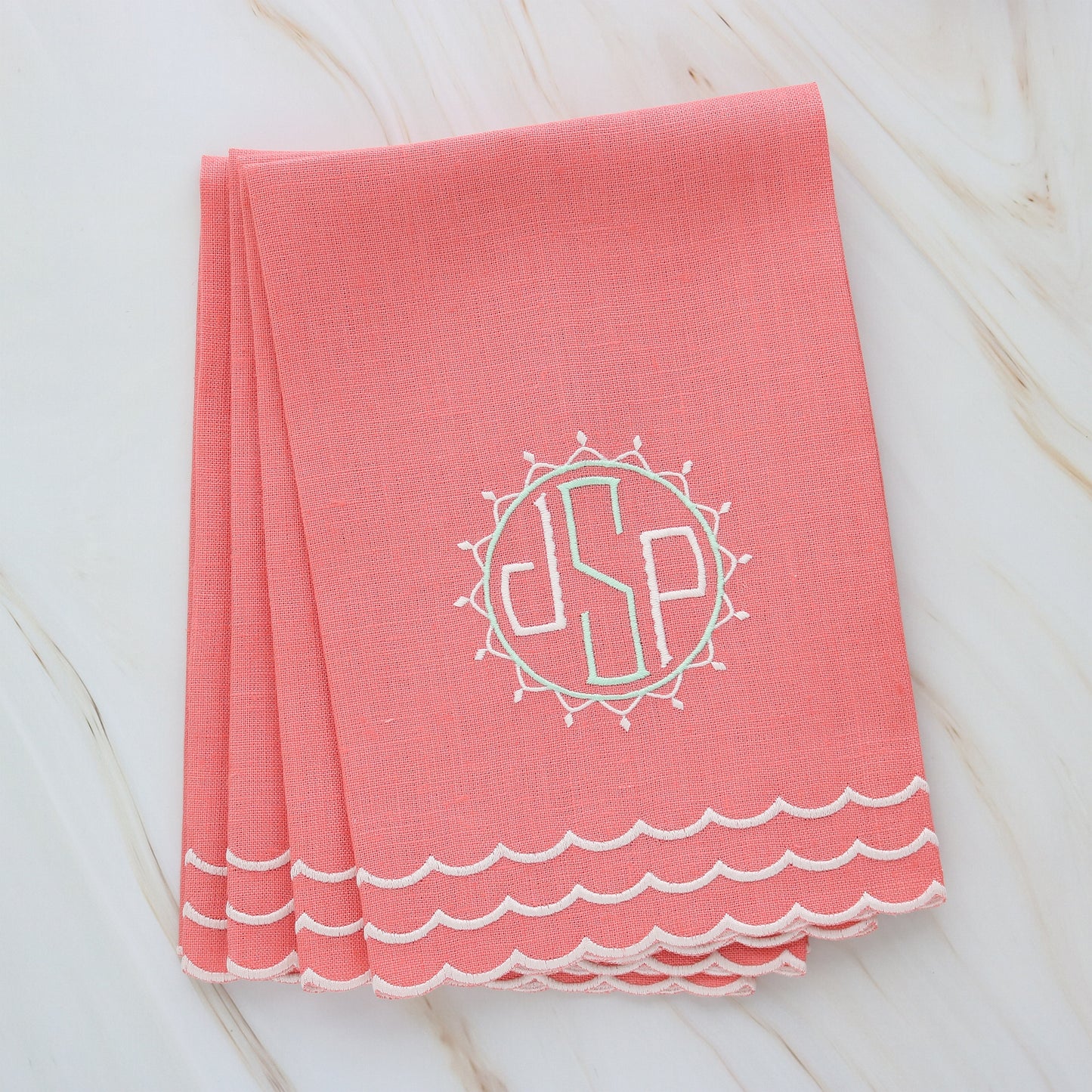 Scalloped Bermuda Reef Coral Linen Guest Towel (each)