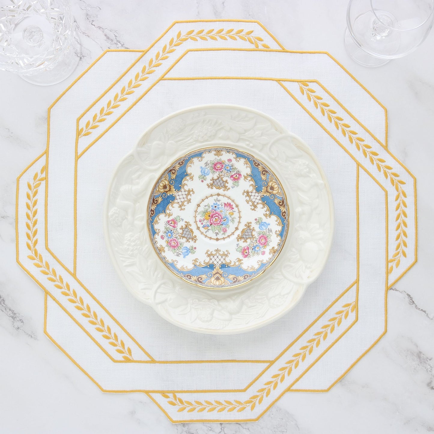 Made to order Trieste Octagonal linen placemats with Laurel motif (set of 4)